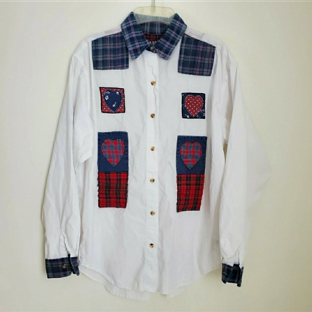 Faded Glory Denim & Plaid Patchwork Button Front Shirt Applique Hearts